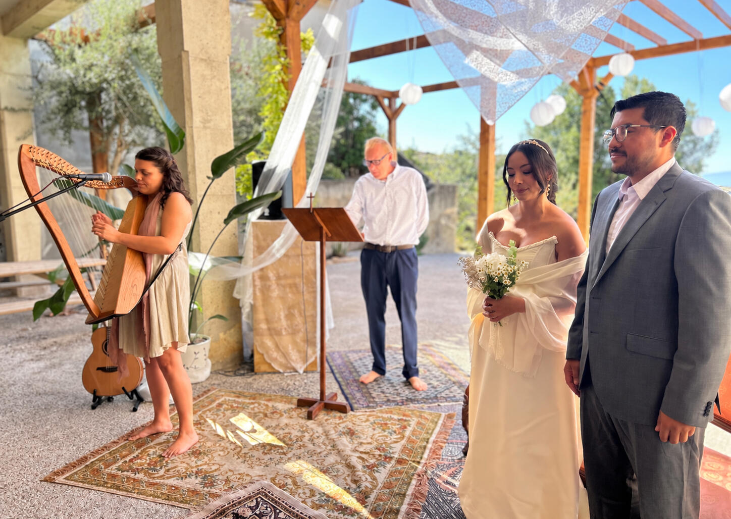 Playing the harp at a wedding